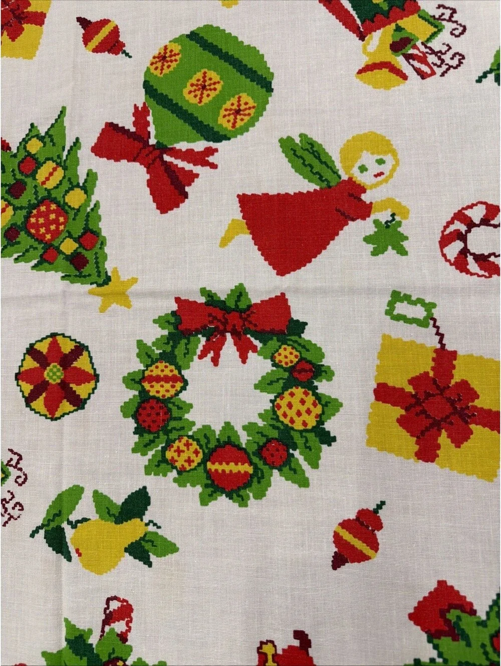VTG Christmas Tablecloth Kitschy Mid Century Santa Angel Wreath Candy Cane 58x84